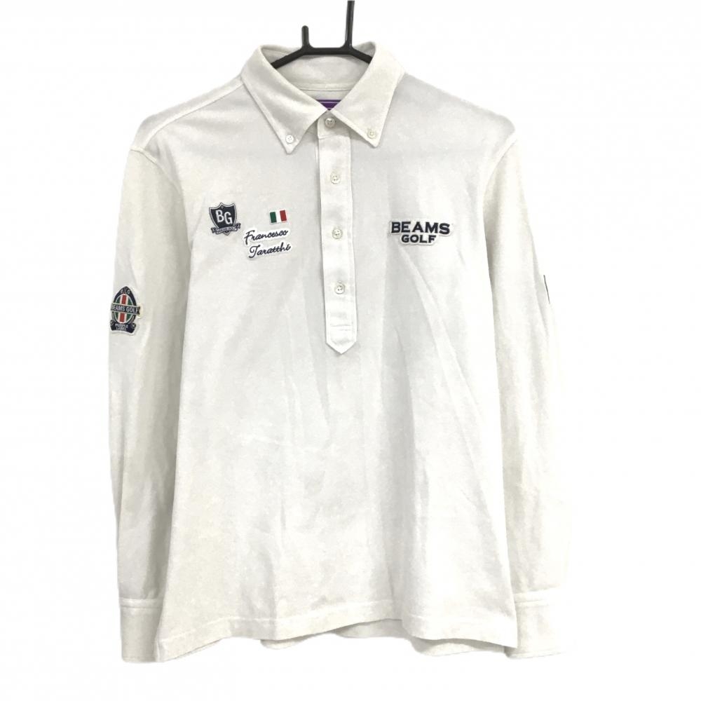 ビームスゴルフ 長袖ポロシャツ 白×ネイビー ロゴワッペン ボタンダウン  メンズ M ゴルフウェア BEAMS GOLF