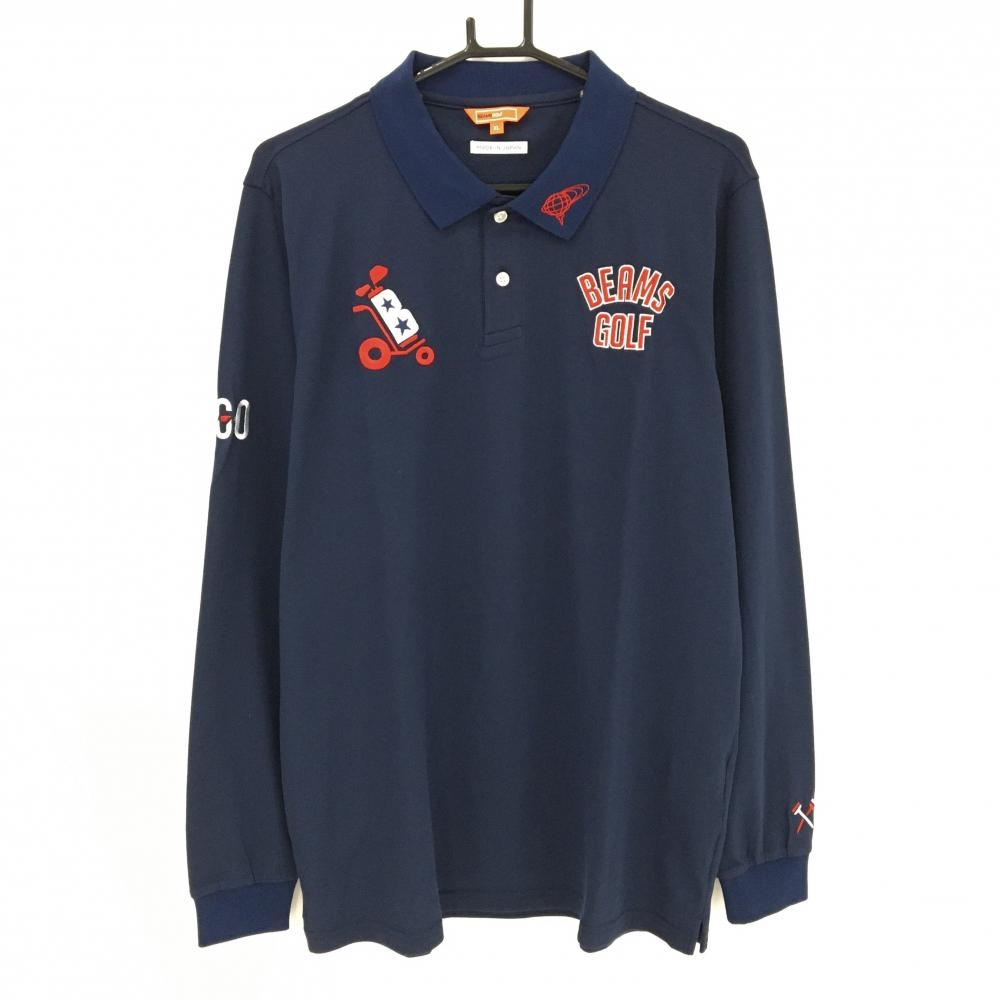 ビームスゴルフ 長袖ポロシャツ ネイビー×レッド 襟ロゴ カート刺しゅう メンズ XL ゴルフウェア BEAMS GOLF