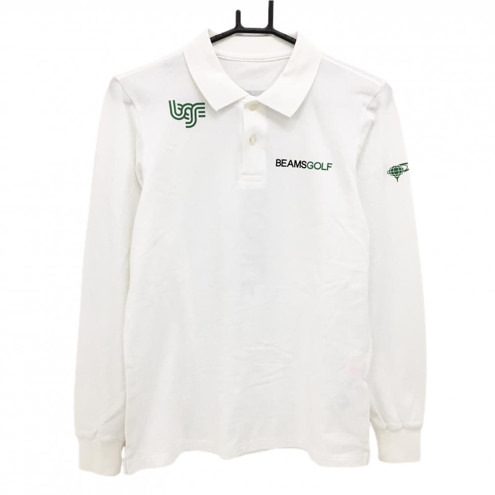 【美品】ビームスゴルフ 長袖ポロシャツ 白×グリーン 背面ロゴ メンズ S ゴルフウェア BEAMS GOLF