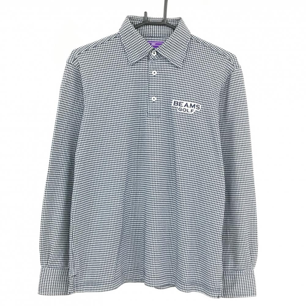 【美品】ビームスゴルフ 長袖ポロシャツ ネイビー×ライトグレー 千鳥格子 メンズ M ゴルフウェア BEAMS GOLF
