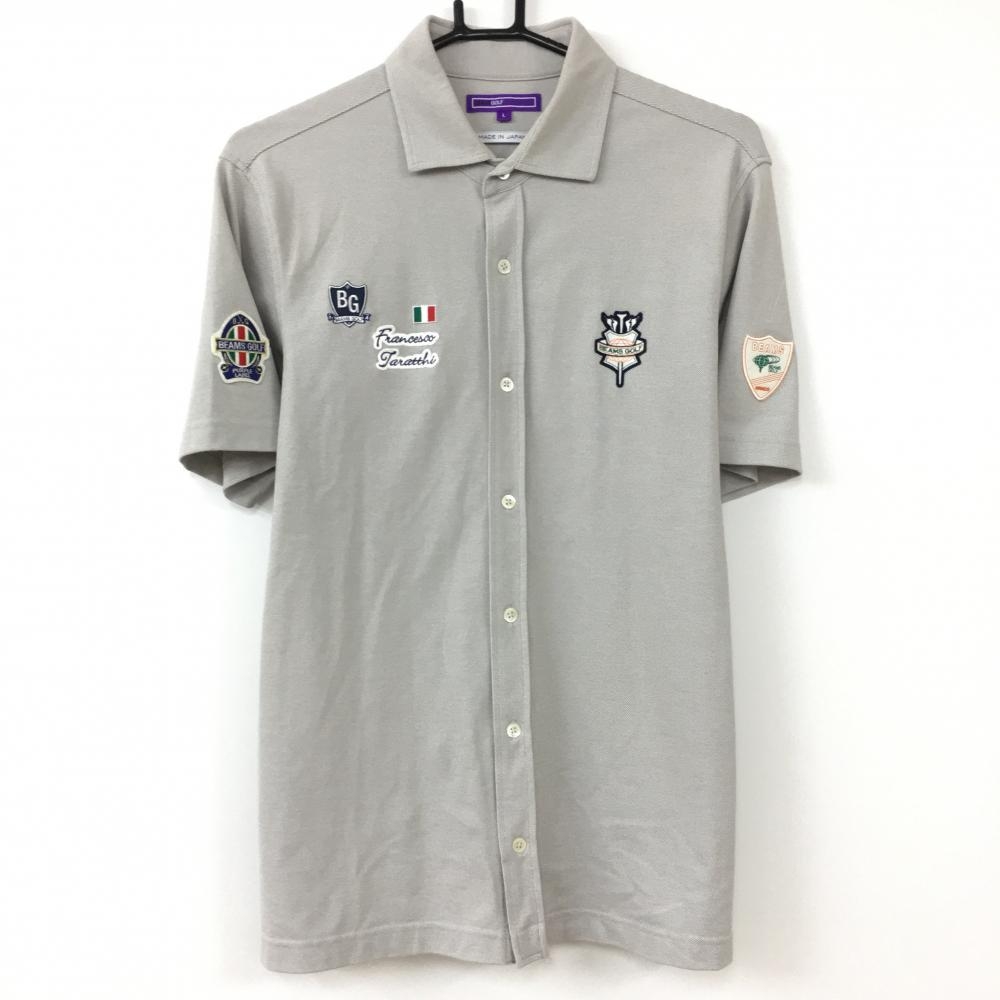 ビームスゴルフ 半袖シャツ ライトグレー 複数ワッペン 日本製 メンズ L ゴルフウェア BEAMS GOLF