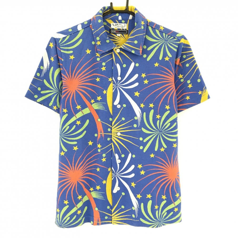 ビームスゴルフ×SUN SURF 半袖シャツ ネイビー×ライトグリーン 花火柄 総柄  メンズ S ゴルフウェア BEAMS GOLF