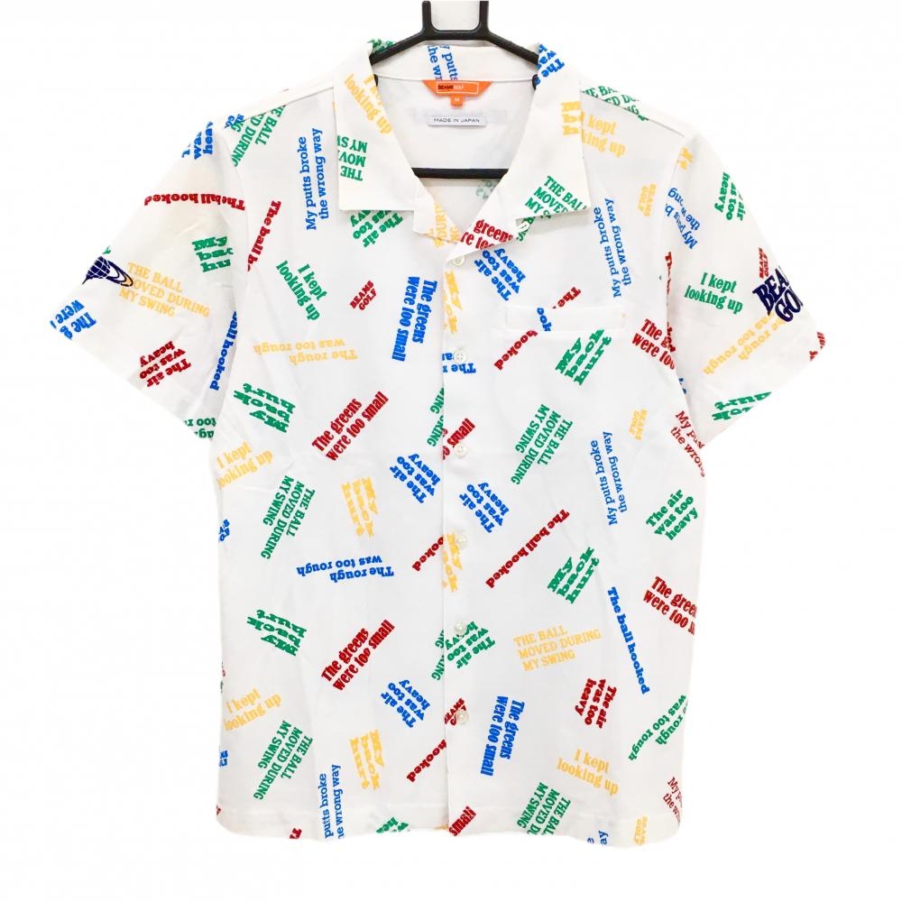 ビームスゴルフ 半袖シャツ 白×マルチカラー 英字総柄 袖ロゴ刺しゅう  メンズ M ゴルフウェア BEAMS GOLF
