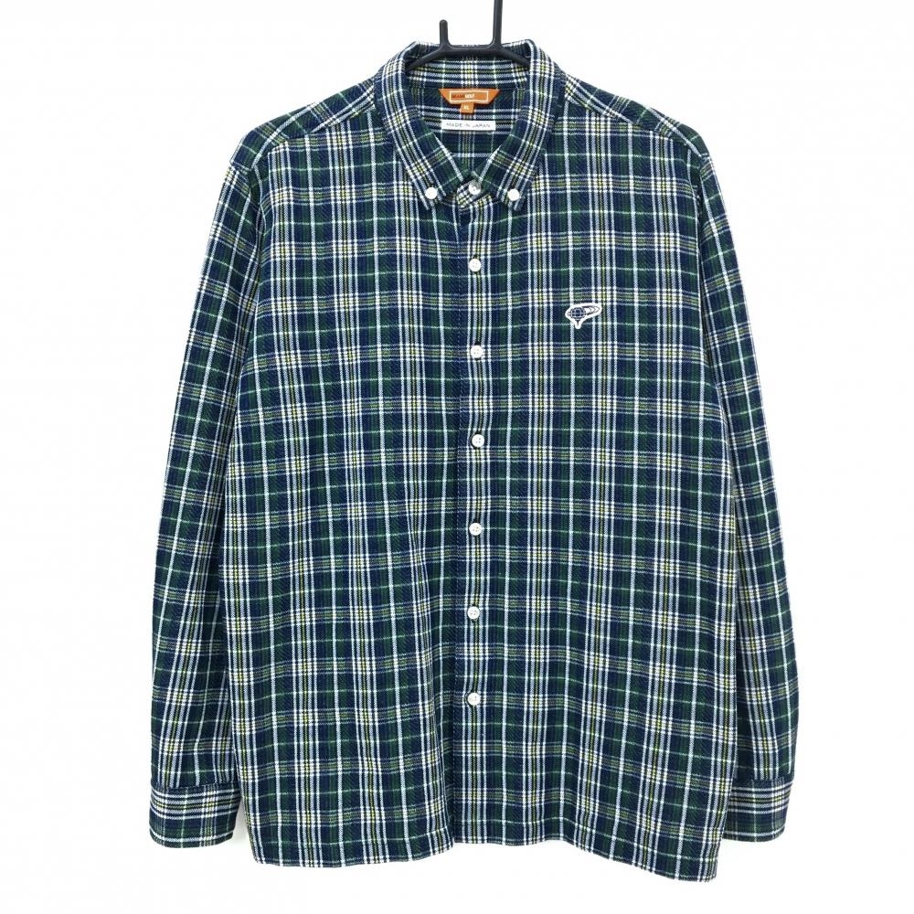 【超美品】ビームスゴルフ 長袖シャツ ネイビー×グリーン×白 チェック ボタンダウン メンズ XL ゴルフウェア BEAMS GOLF