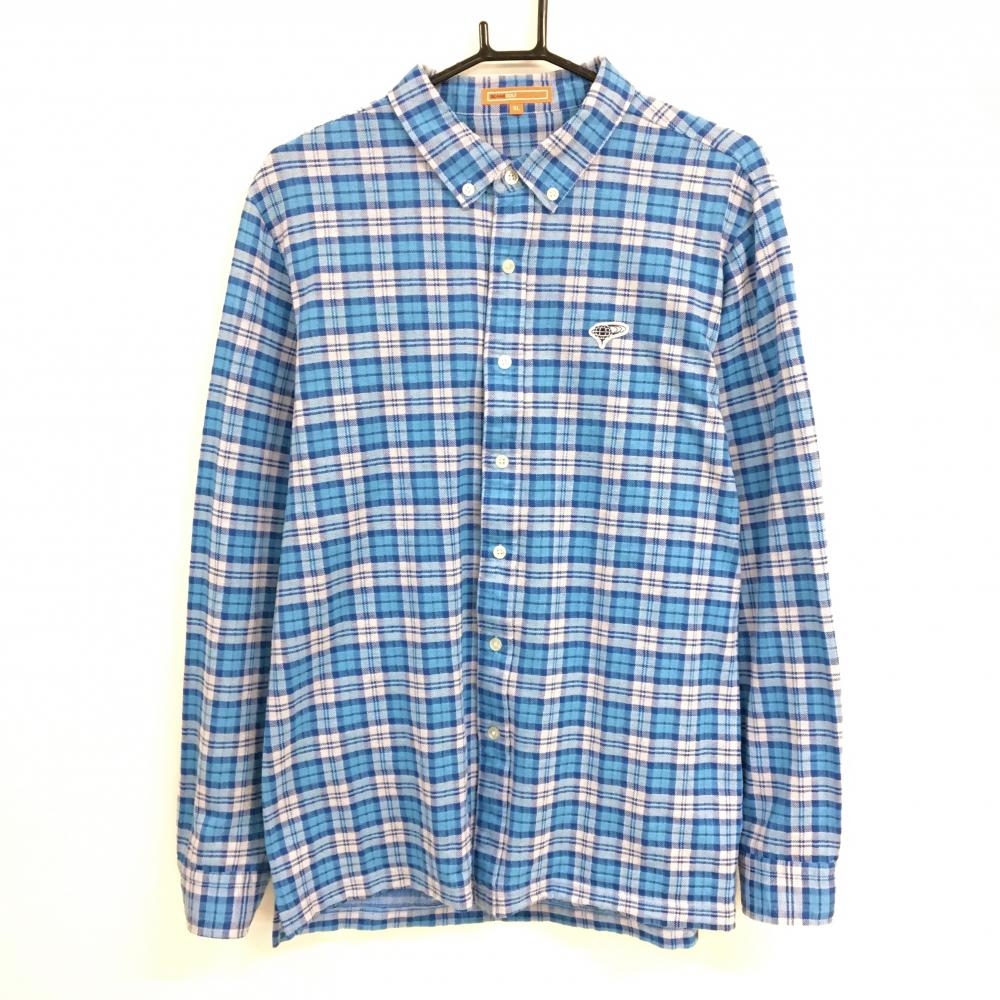 【超美品】ビームスゴルフ 長袖シャツ ライトブルー×白 チェック ボタンダウン メンズ XL ゴルフウェア BEAMS GOLF