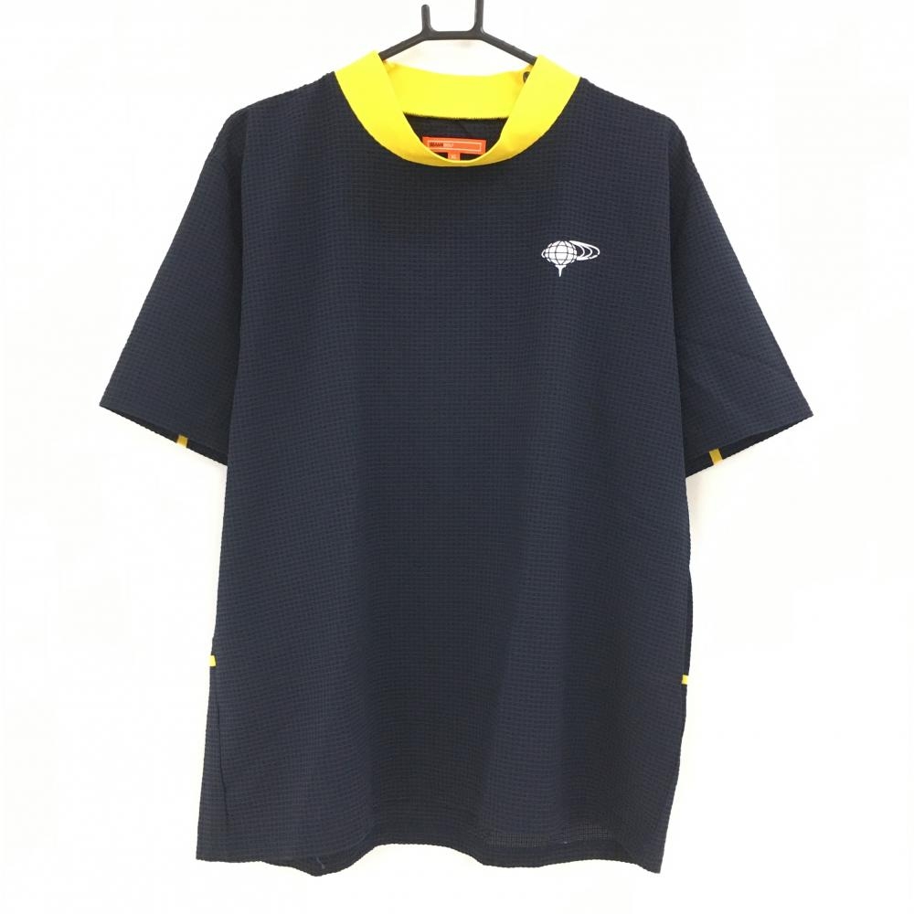 【超美品】ビームスゴルフ 半袖ハイネックシャツ ネイビー×イエロー サッカー生地 ネック異素材 メンズ XL ゴルフウェア BEAMS GOLF