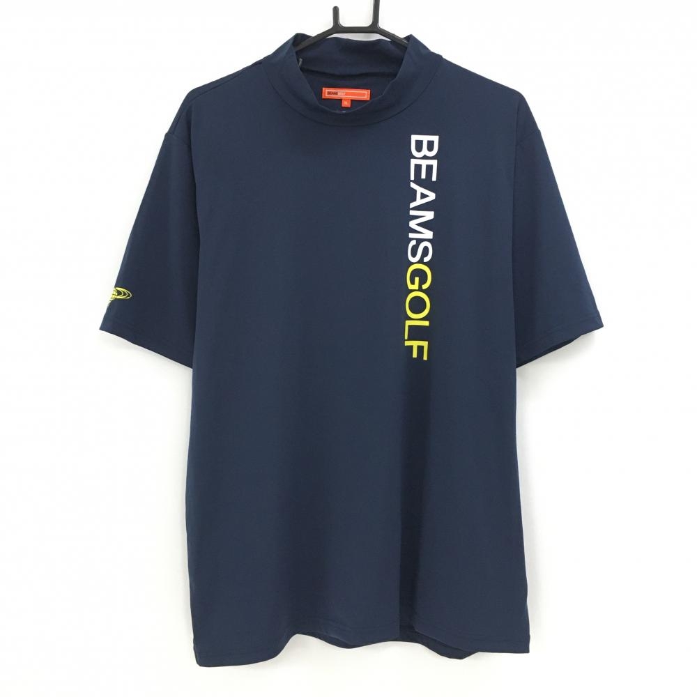 【超美品】ビームスゴルフ 半袖ハイネックシャツ ネイビー×白 ロゴプリント メンズ XL ゴルフウェア BEAMS GOLF