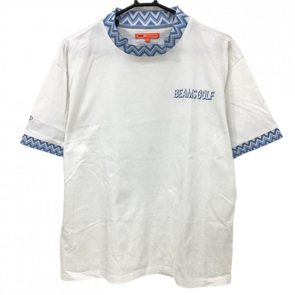 【美品】ビームスゴルフ 半袖ハイネックシャツ 白×ライトブルー ネック・袖口ギザギザ柄 ロゴ刺しゅう  メンズ L ゴルフウェア BEAMS GOLF