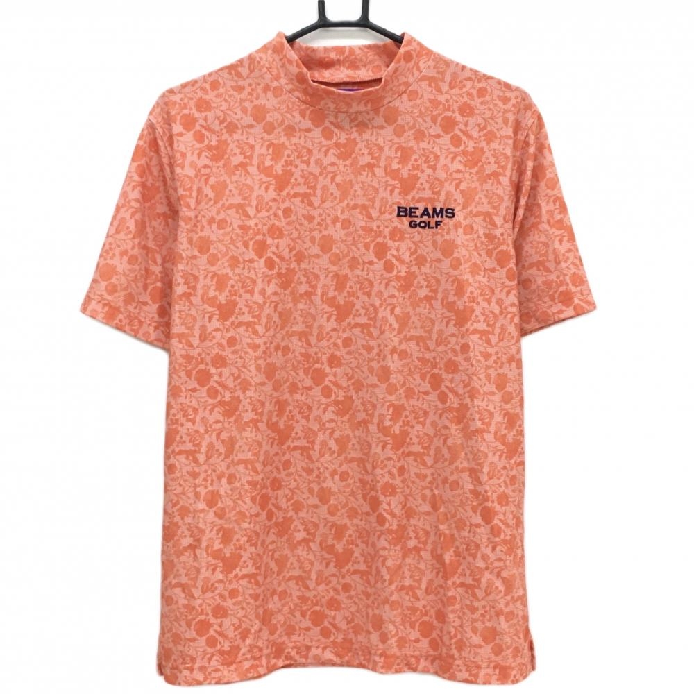 【超美品】ビームスゴルフ 半袖ハイネックシャツ オレンジ 花柄 チェック ロゴ刺しゅうネイビー メンズ L ゴルフウェア BEAMS GOLF