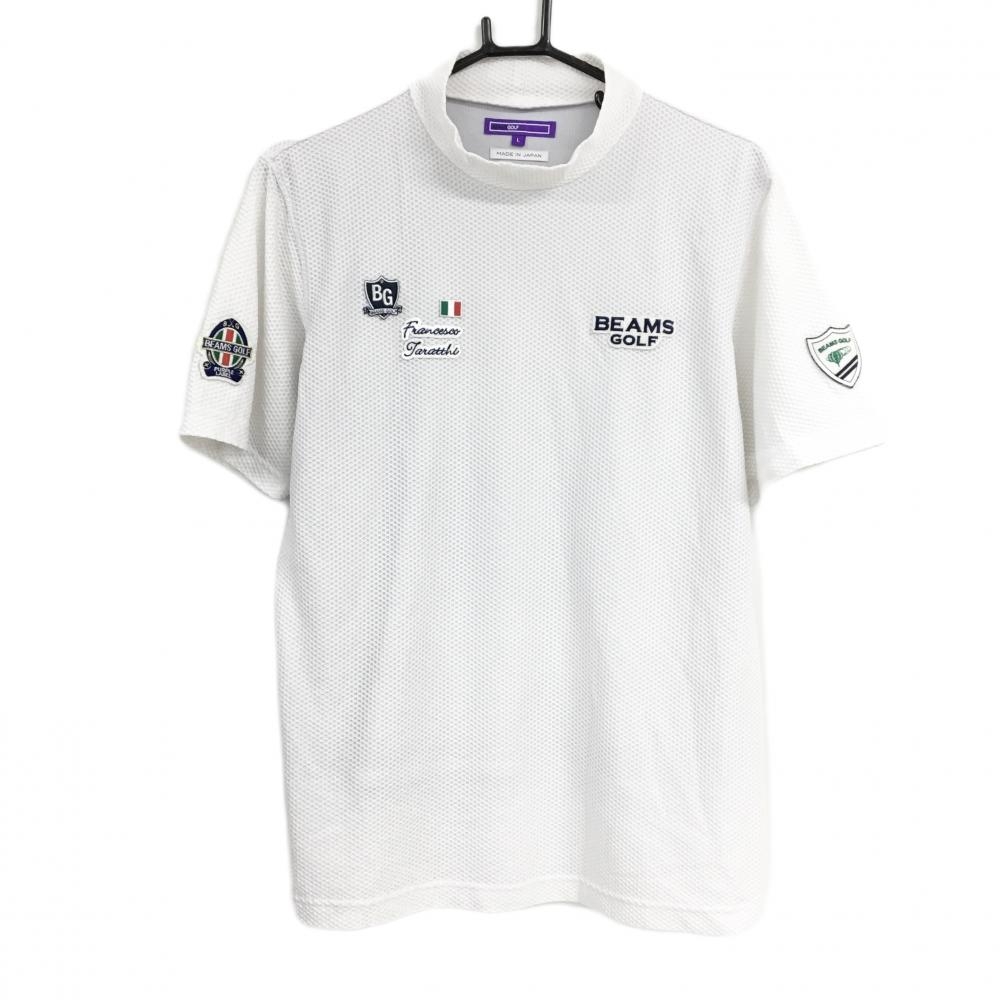 【美品】ビームスゴルフ 半袖ハイネックシャツ 白 メッシュ調 複数ワッペン 身頃裏地付 メンズ M ゴルフウェア BEAMS GOLF