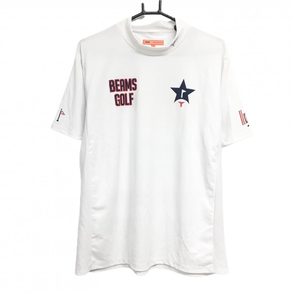 【美品】ビームスゴルフ 半袖ハイネックシャツ 白×ネイビー ネックロゴ  メンズ L ゴルフウェア BEAMS GOLF