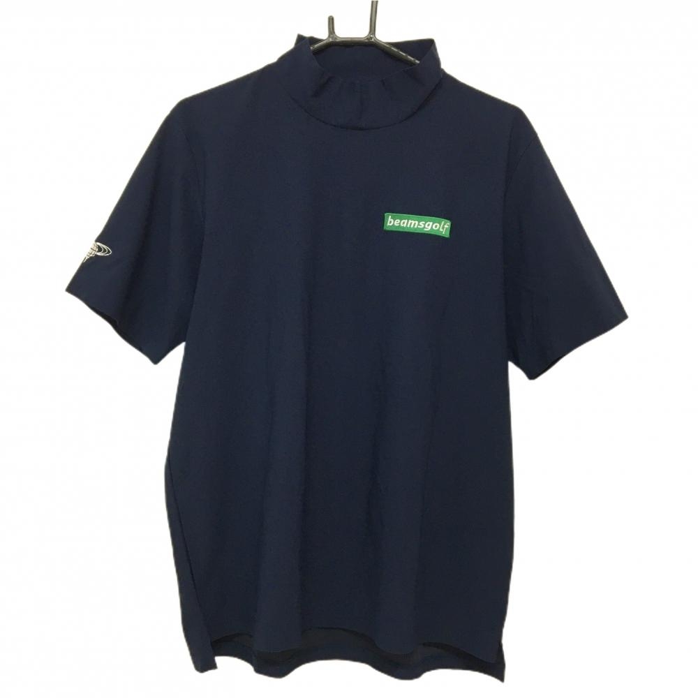 【超美品】ビームスゴルフ 半袖ハイネックシャツ ネイビー ロゴグリーン メッシュ調 メンズ L ゴルフウェア BEAMS GOLF