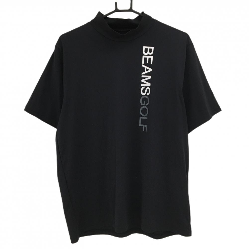 【超美品】ビームスゴルフ 半袖ハイネックシャツ 黒 ロゴプリント ストレッチ  メンズ Ｌ ゴルフウェア BEAMS GOLF