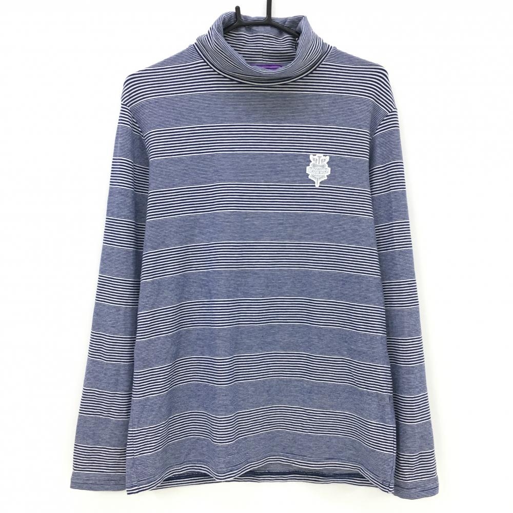 【美品】ビームスゴルフ 長袖ハイネックシャツ 白×ブルー ボーダー調 微起毛 メンズ L ゴルフウェア BEAMS GOLF