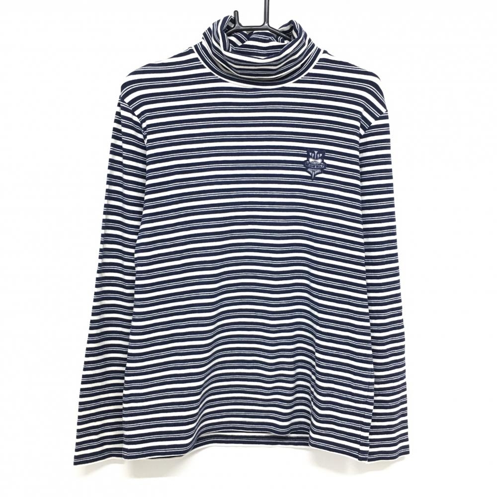 【美品】ビームスゴルフ 長袖タートルネックシャツ 白×ダークネイビー ボーダー 微起毛 メンズ L ゴルフウェア BEAMS GOLF