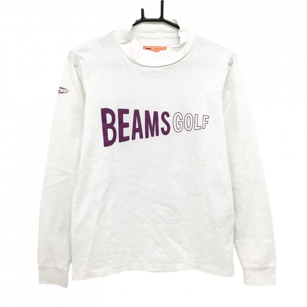 【美品】ビームスゴルフ 長袖ハイネックシャツ 白×パープル フロントロゴ  メンズ S ゴルフウェア BEAMS GOLF