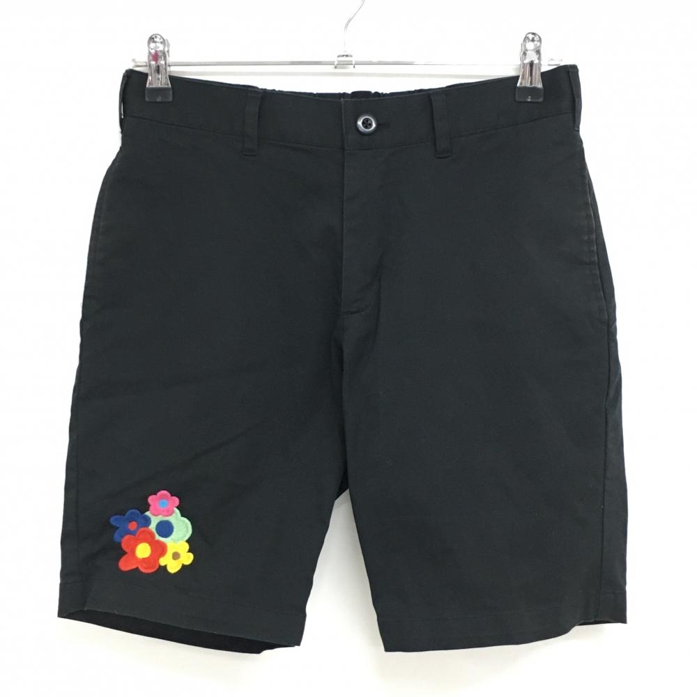 ビームスゴルフ ハーフパンツ 黒 花刺しゅう 後ろウエスト一部ゴム メンズ S ゴルフウェア BEAMS GOLF