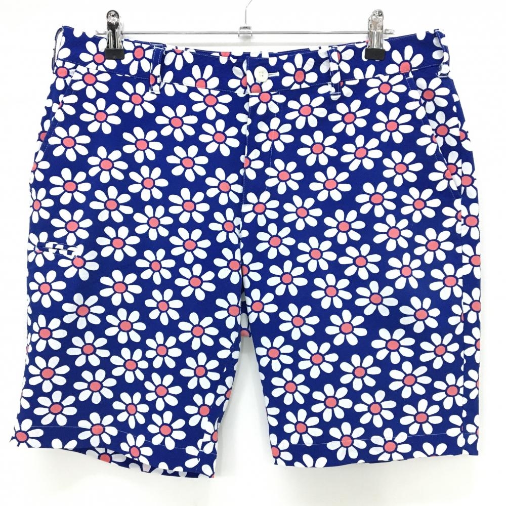 ビームスゴルフ ハーフパンツ ブルー×白×ライトピンク 花柄 ストレッチ  メンズ XL ゴルフウェア BEAMS GOLF