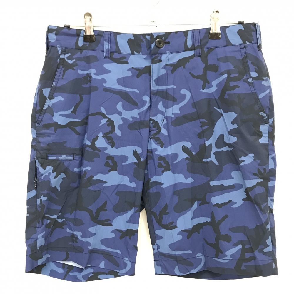 【美品】ビームスゴルフ ハーフパンツ ネイビー系×ライトブルー 迷彩 カモフラ ナイロン混 メンズ L ゴルフウェア BEAMS GOLF