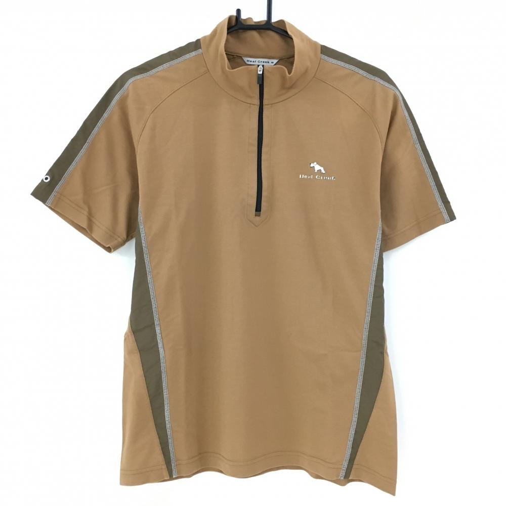 【美品】ヒールクリーク 半袖ハイネックシャツ ブラウン ハーフジップ 異素材 メンズ 48(M) ゴルフウェア Heal Creek