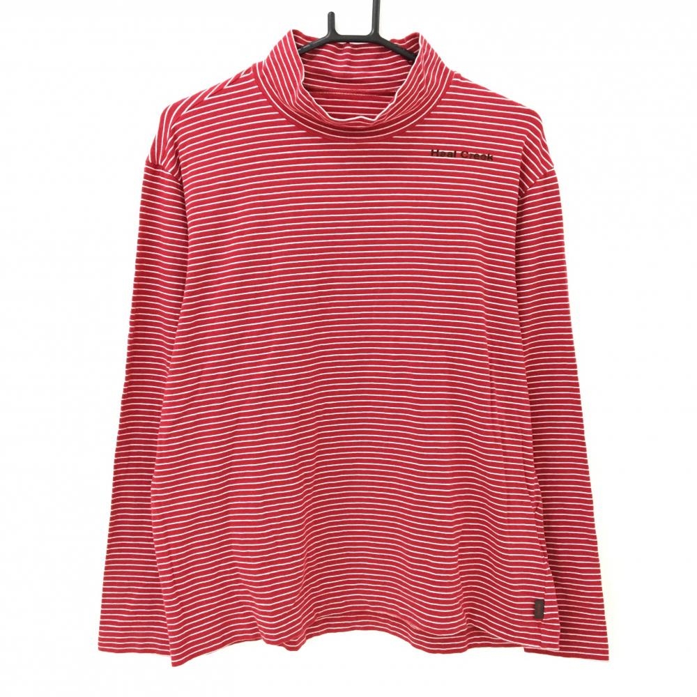【美品】ヒールクリーク 長袖ハイネックシャツ レッド×白 ボーダー ロゴプリント メンズ 50(L) ゴルフウェア Heal Creek