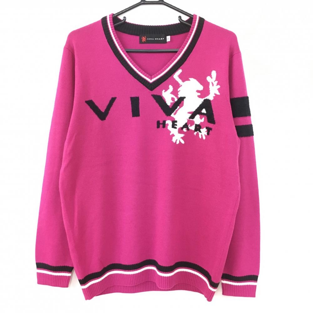 【美品】ビバハート セーター ピンク×黒 Ｖネック ラインストーン ニット ウール混 メンズ 52 ゴルフウェア VIVA HEART