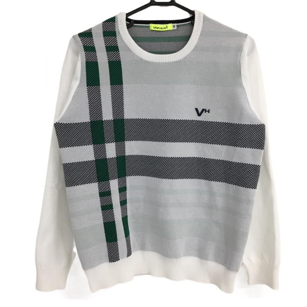 【超美品】ビバハート セーター 白×黒×グリーン 一部チェック ニット メンズ 48 ゴルフウェア VIVA HEART