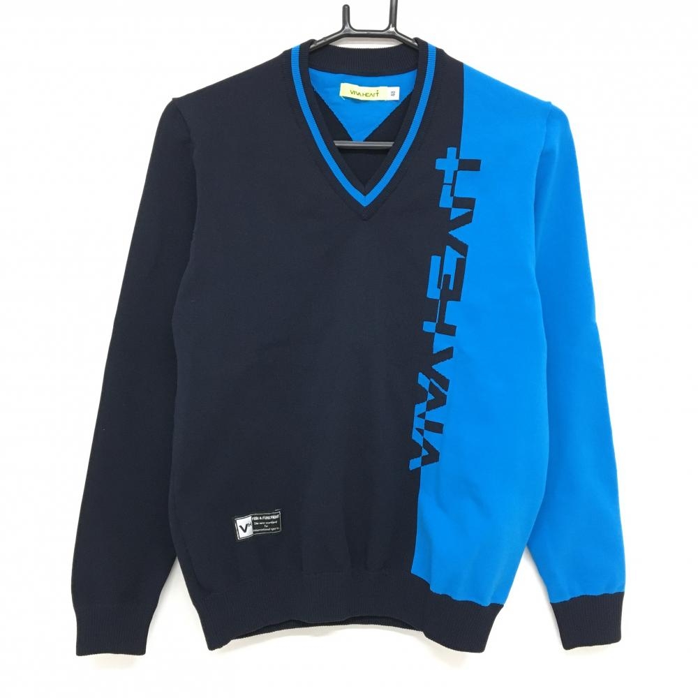 【超美品】ビバハート セーター ネイビー×ライトブルー Vネック フロントロゴ ニット  メンズ 48(M) ゴルフウェア VIVA HEART