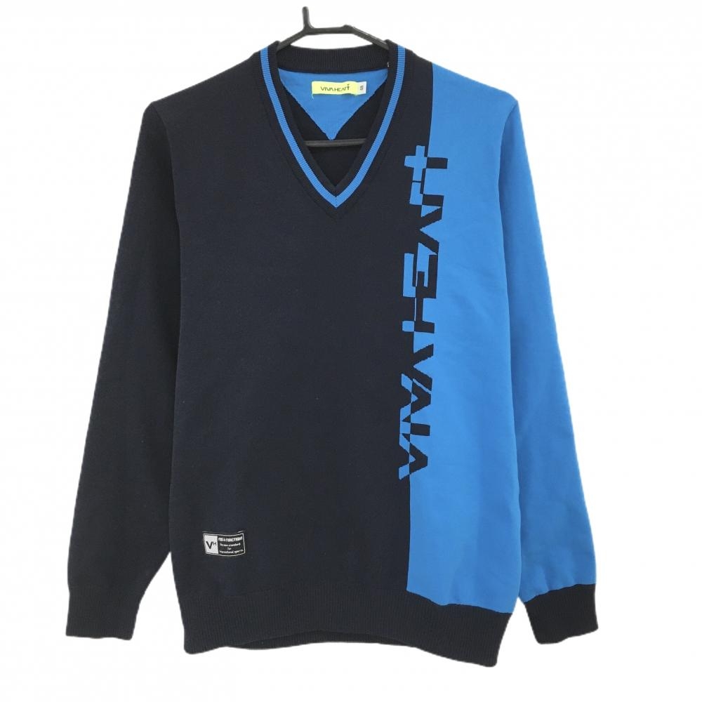 【超美品】ビバハート セーター 黒×ブルー バイカラー ニット Vネック メンズ 48(M) ゴルフウェア VIVA HEART