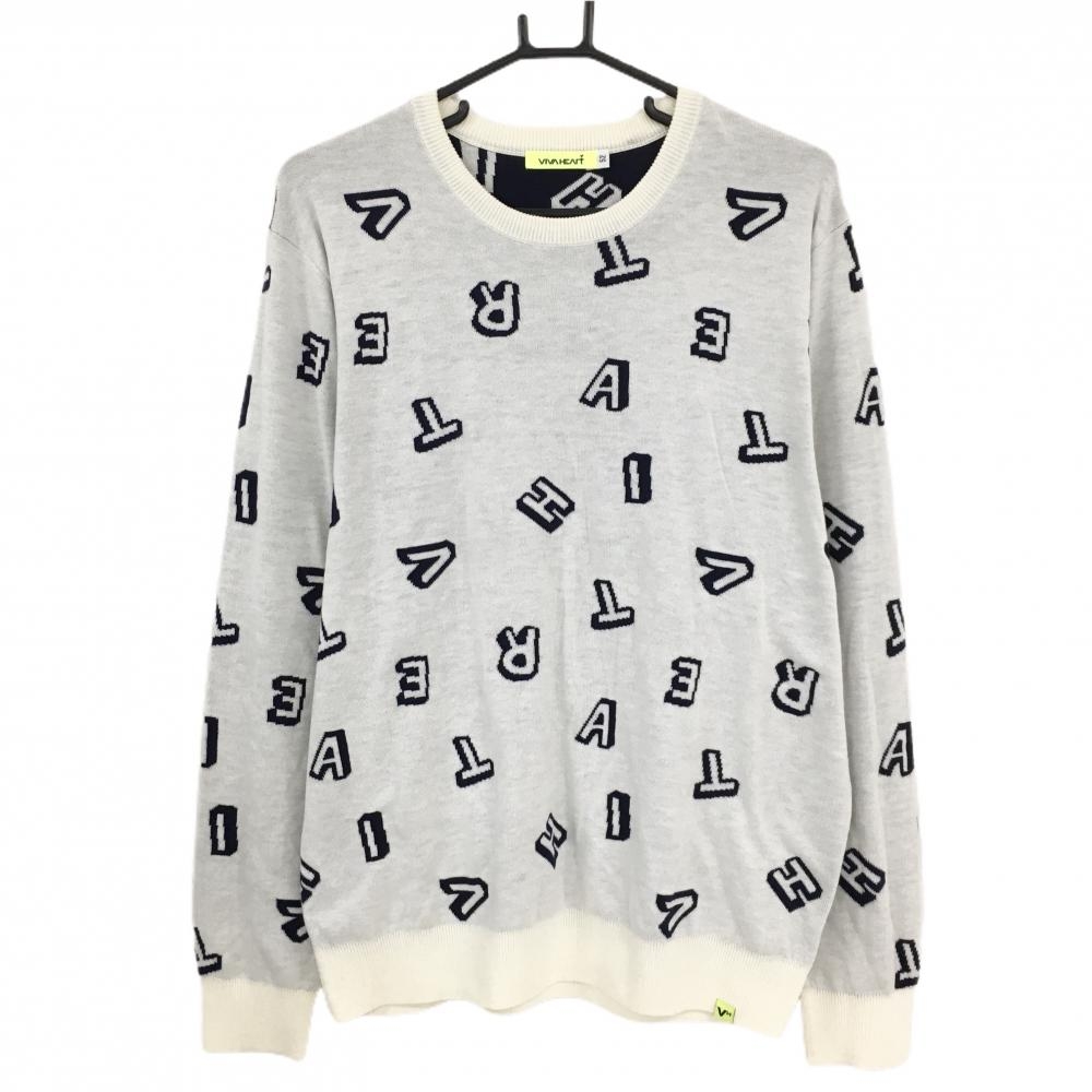 【美品】ビバハート セーター 白×ネイビー 英字総柄 ウール混 ニット メンズ 52(XL) ゴルフウェア VIVA HEART
