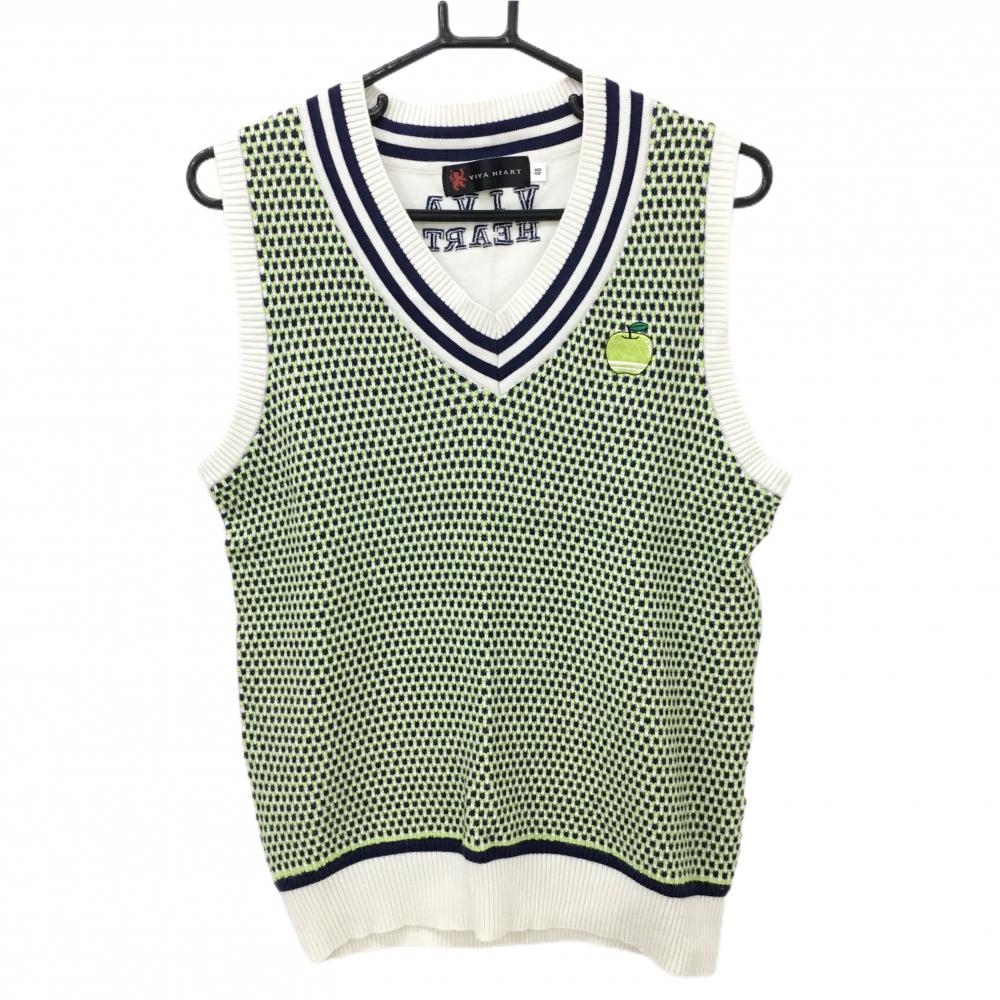 【超美品】ビバハート ニットベスト ライトグリーン×白×ネイビー 青りんご刺しゅう Vネック メンズ 48(M) ゴルフウェア VIVA HEART