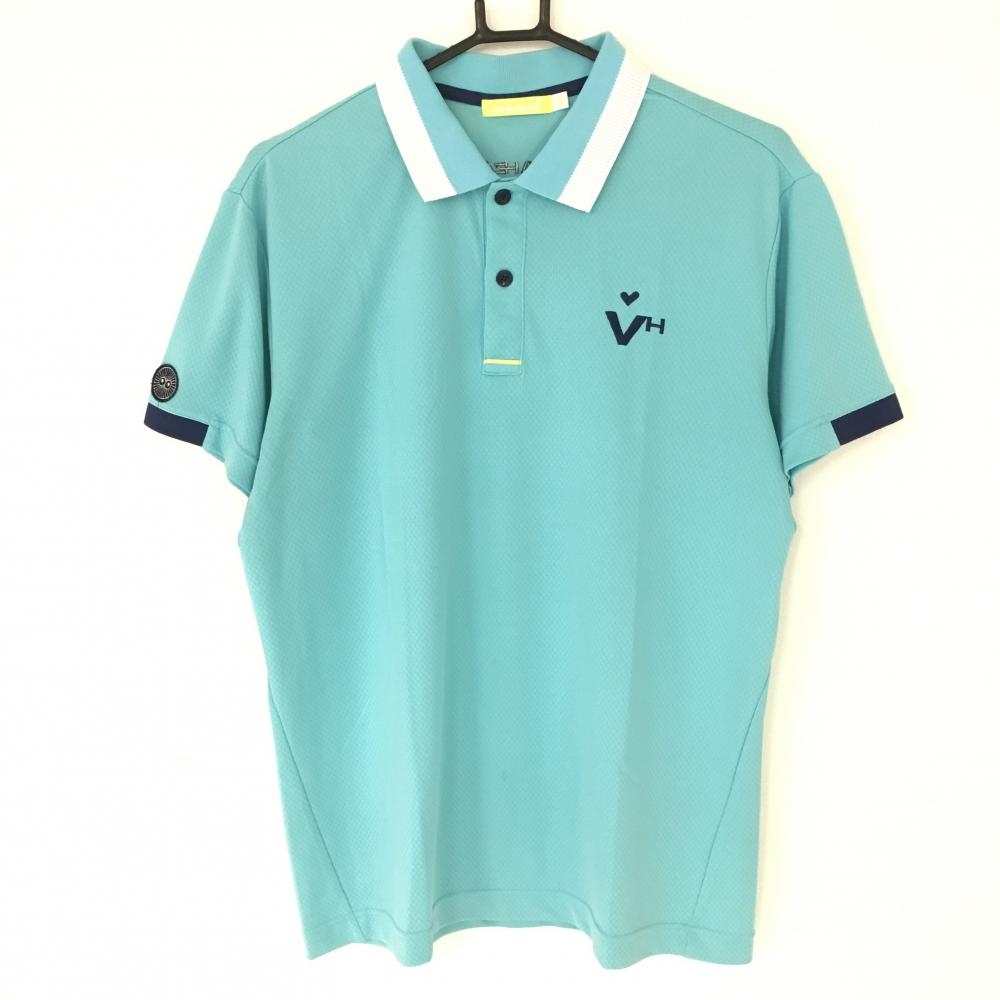 【美品】ビバハート半袖ポロシャツ ブルー×ネイビー 総柄織り生地  メンズ 52(ＬＬ) ゴルフウェア VIVA HEART