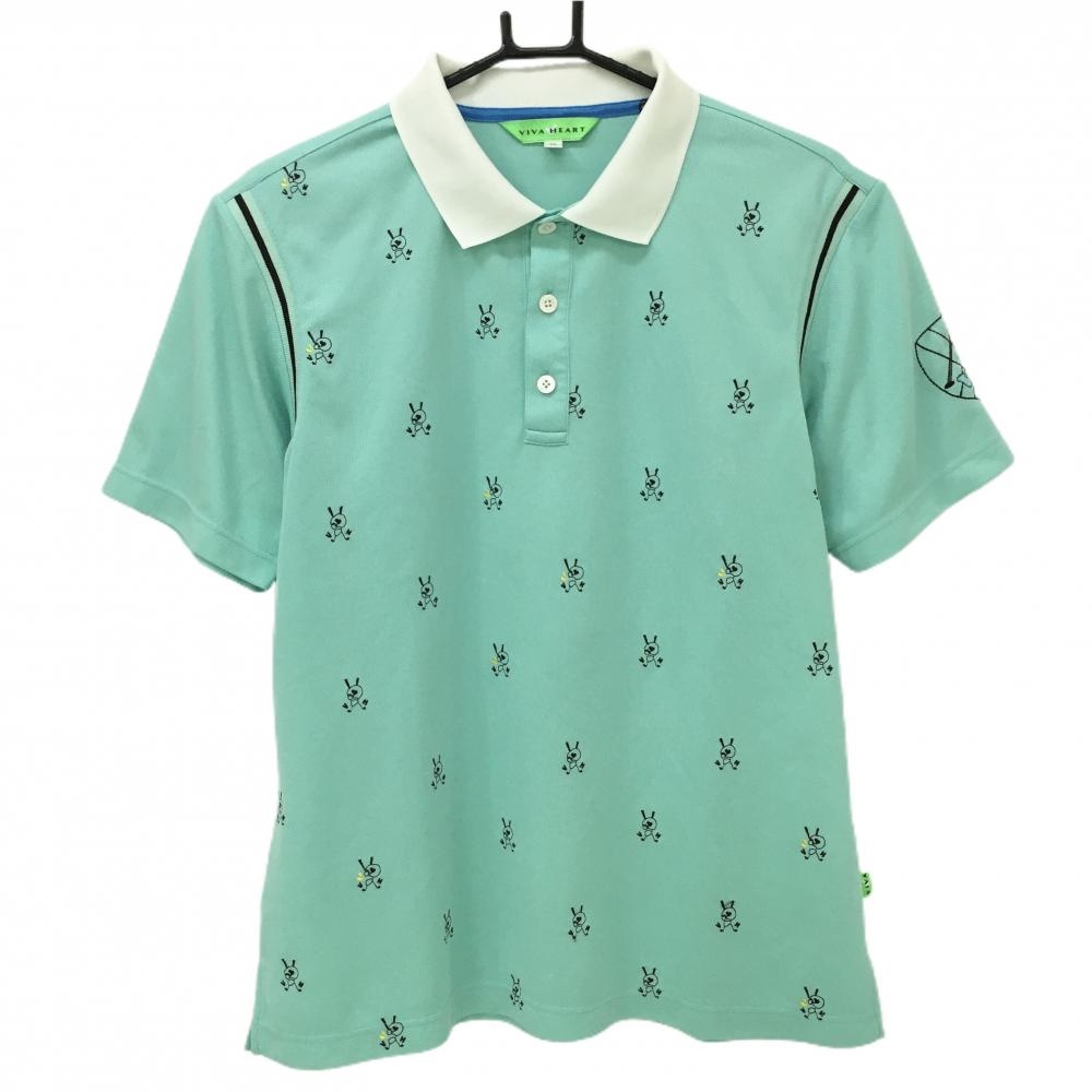ビバハート 半袖ポロシャツ ミントグリーン×ブラウン 刺しゅう総柄 肩ライン メンズ 50(L) ゴルフウェア VIVA HEART