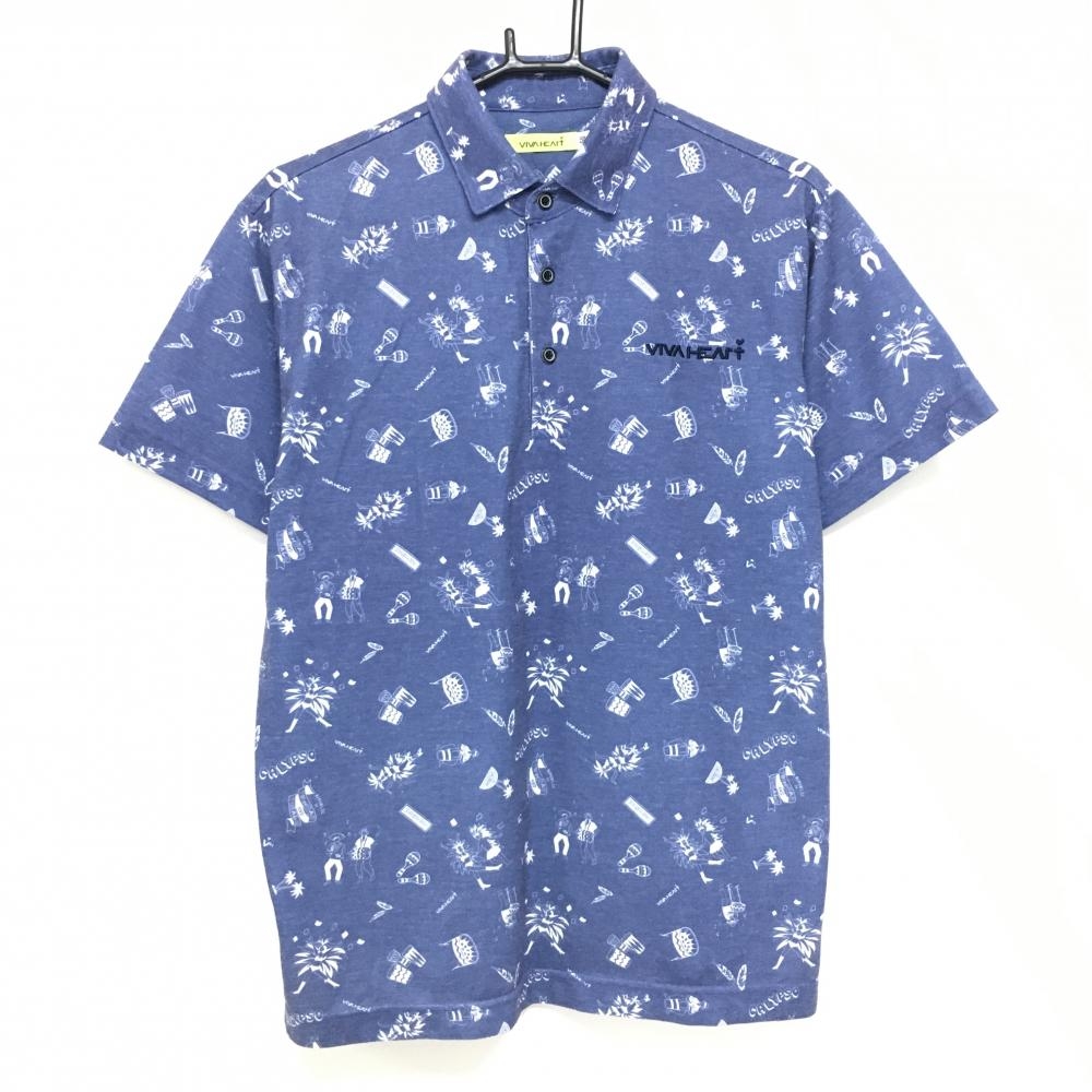 【美品】ビバハート 半袖ポロシャツ グレーネイビー×白 総柄 カーニバル メンズ 50(L) ゴルフウェア VIVA HEART