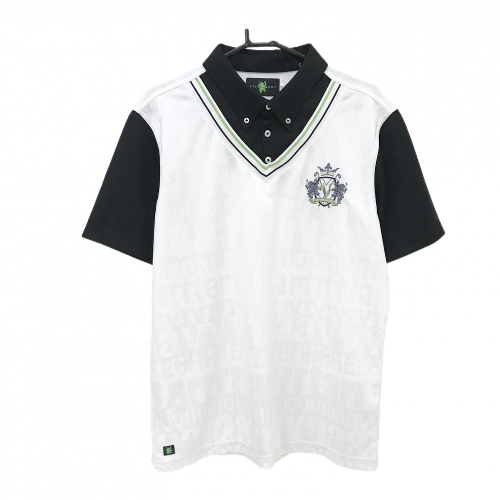 【超美品】ビバハート 半袖ポロシャツ 白×黒 総柄 レイヤード調 刺しゅう ボタンダウン メンズ 52(XL) ゴルフウェア VIVA HEART