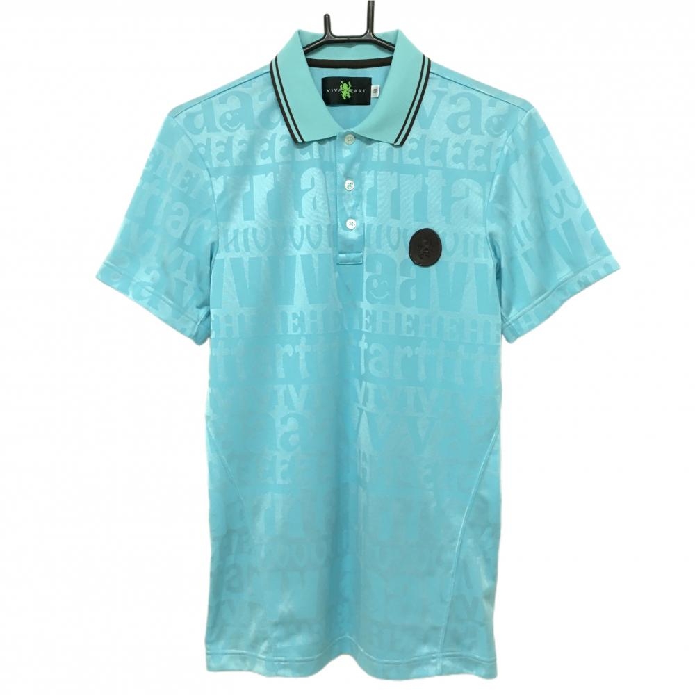 【超美品】ビバハート 半袖ポロシャツ ライトブルー系 英字総柄 胸ロゴ メンズ 48(M) ゴルフウェア VIVA HEART
