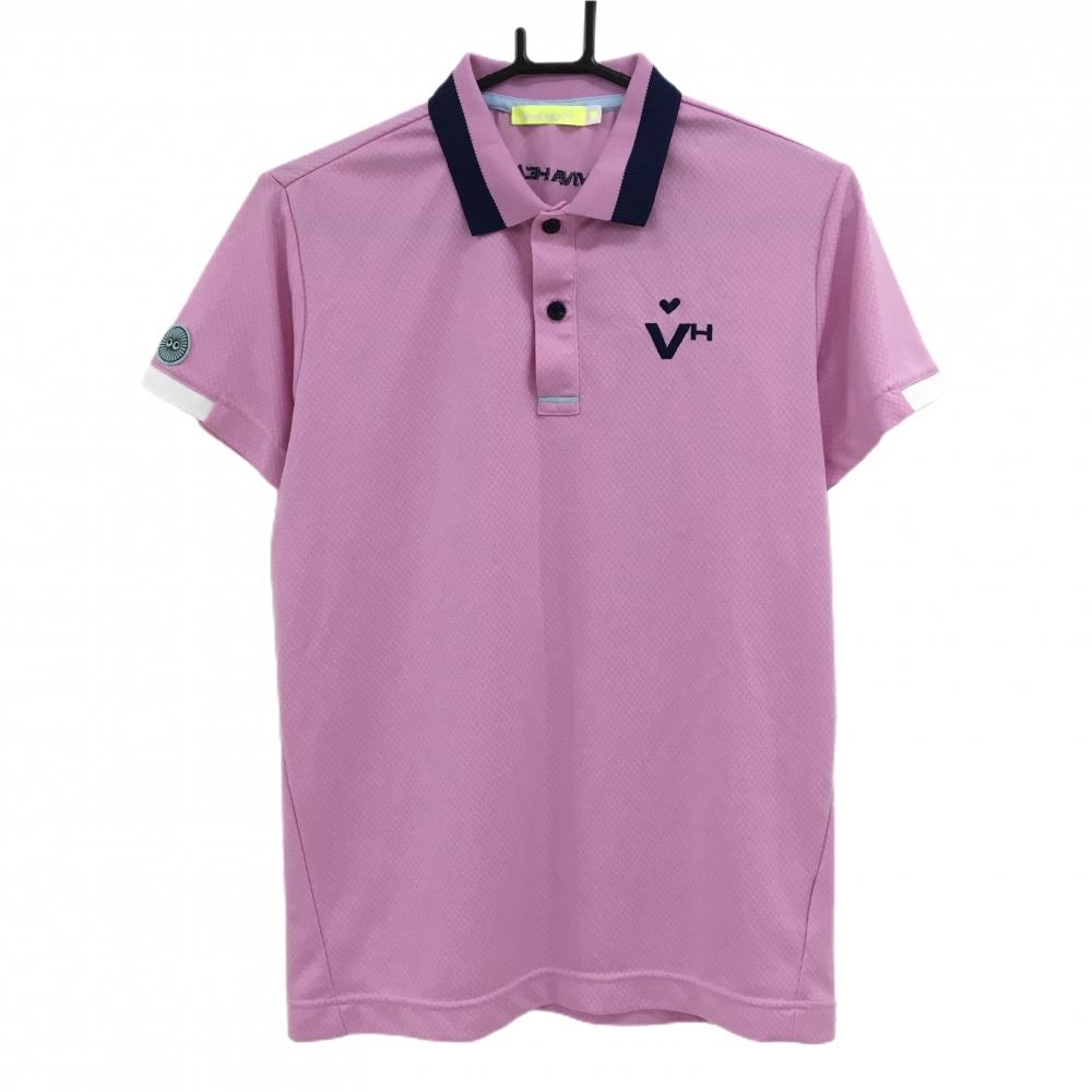 【超美品】ビバハート 半袖ポロシャツ ライトピンク 地模様 ロゴネイビー メンズ 48(M) ゴルフウェア VIVA HEART