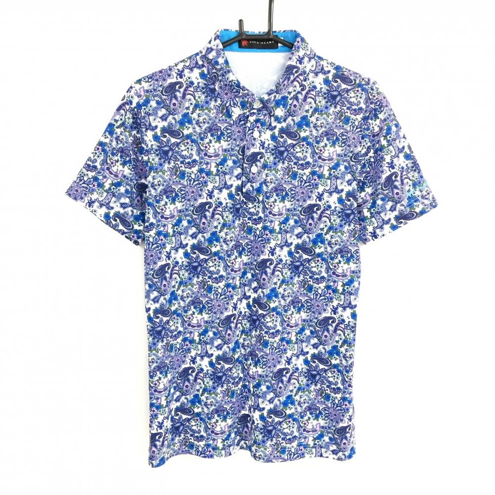 【美品】ビバハート 半袖ポロシャツ 白×ネイビー系×パープル系 ペイズリー柄 ボタンダウン  メンズ 48(M) ゴルフウェア VIVA HEART
