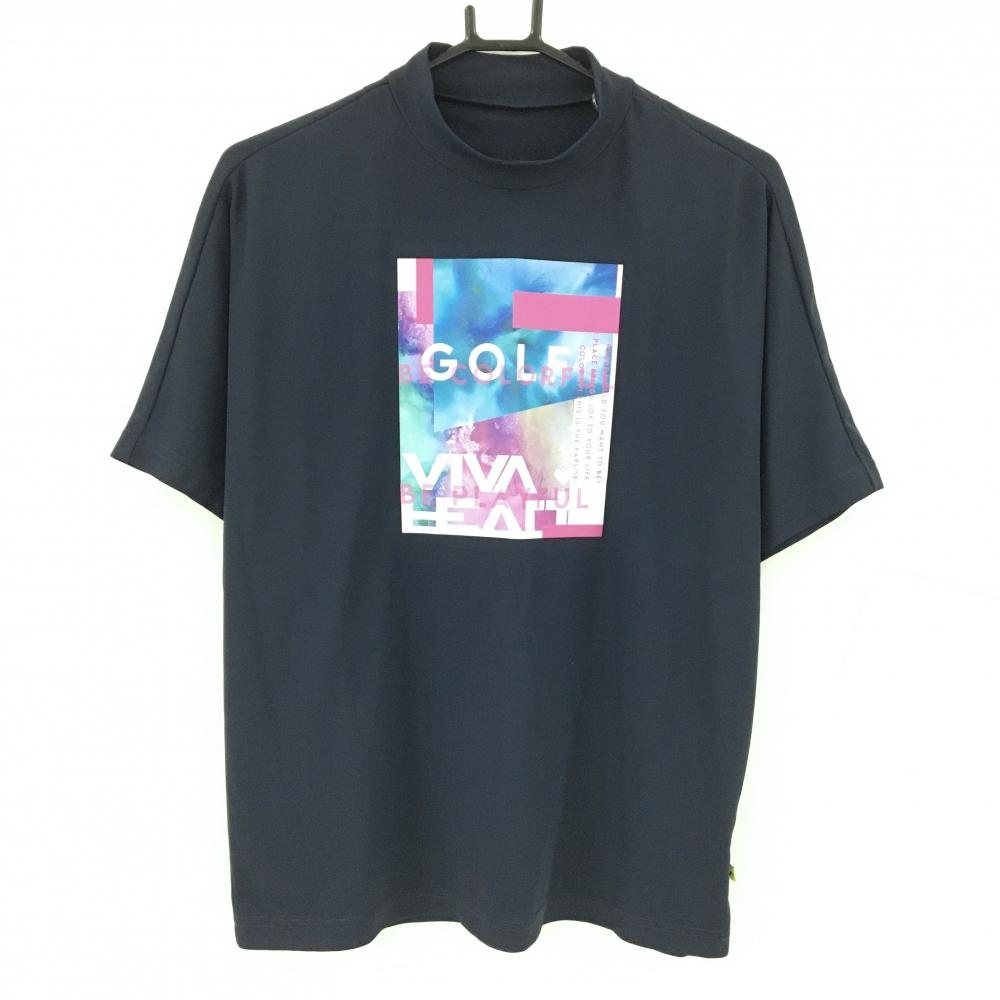 【超美品】ビバハート 半袖ハイネックシャツ ネイビー フロントビッグプリント  メンズ 48(M) ゴルフウェア VIVA HEART