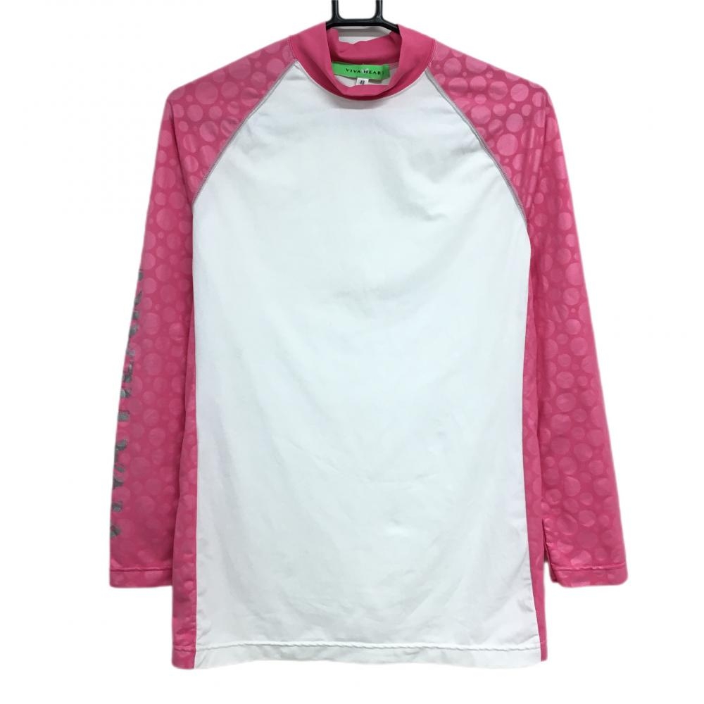 【美品】ビバハート 長袖ハイネックシャツ ピンク×白 袖・サイドドット柄 インナーシャツ メンズ 48(M) ゴルフウェア VIVA HEART