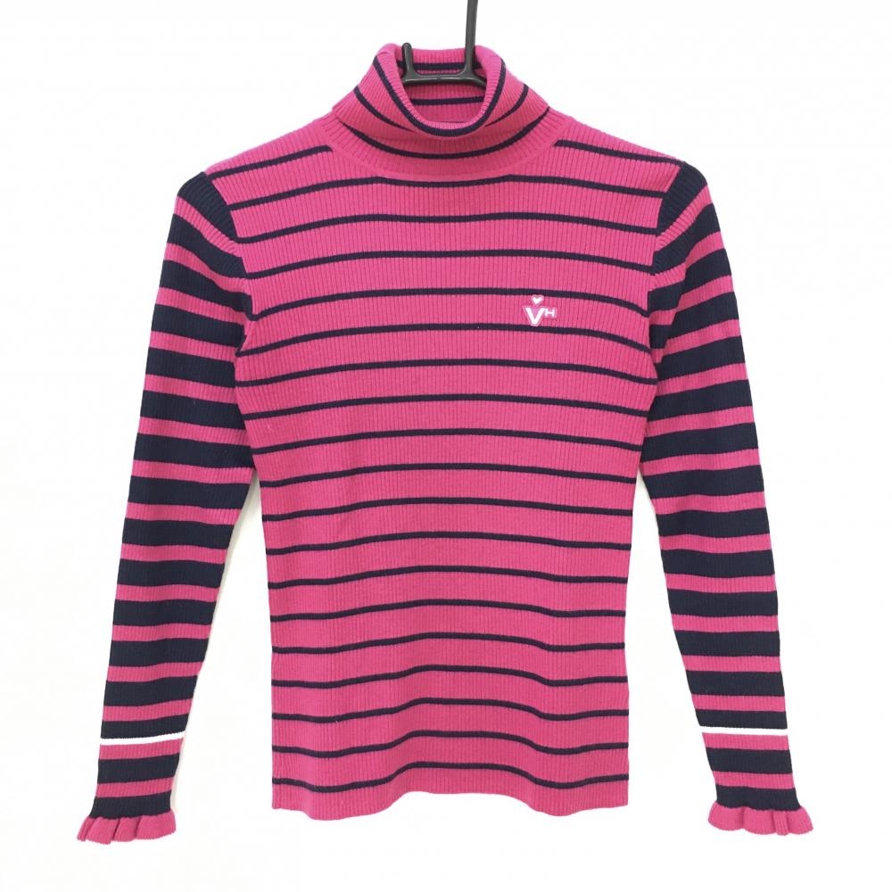 【美品】ビバハート 長袖タートルネックシャツ ピンク×ネイビー ボーダー 袖口フリル  メンズ 40(M) ゴルフウェア VIVA HEART