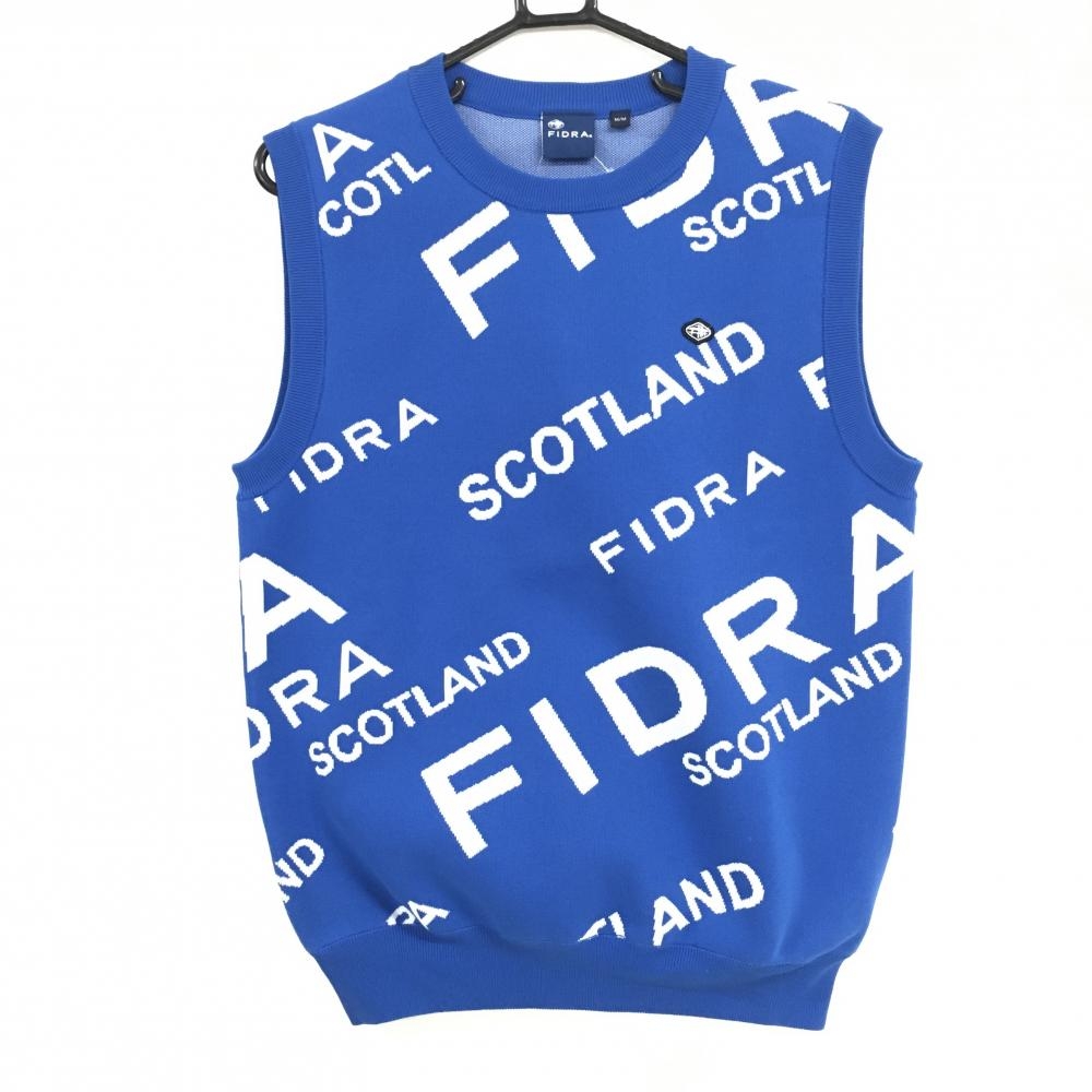 【美品】フィドラ ニットベスト ブルー×白 前面英字柄 メンズ M/M ゴルフウェア FIDRA
