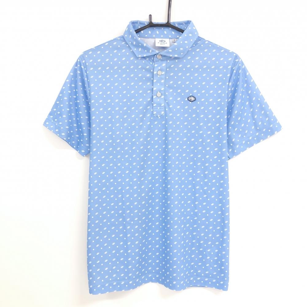【美品】フィドラ 半袖ポロシャツ ライトブルー×白 総柄 ロゴワッペン  メンズ M ゴルフウェア FIDRA