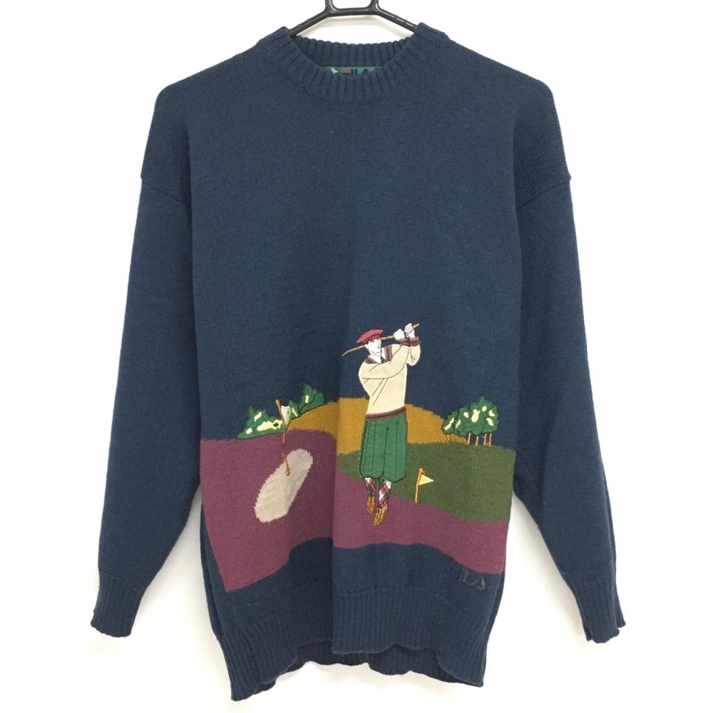 【美品】フィラゴルフ セーター ネイビー×ボルドー ゴルファー ウール100％ ニット  メンズ XL ゴルフウェア FILA GOLF