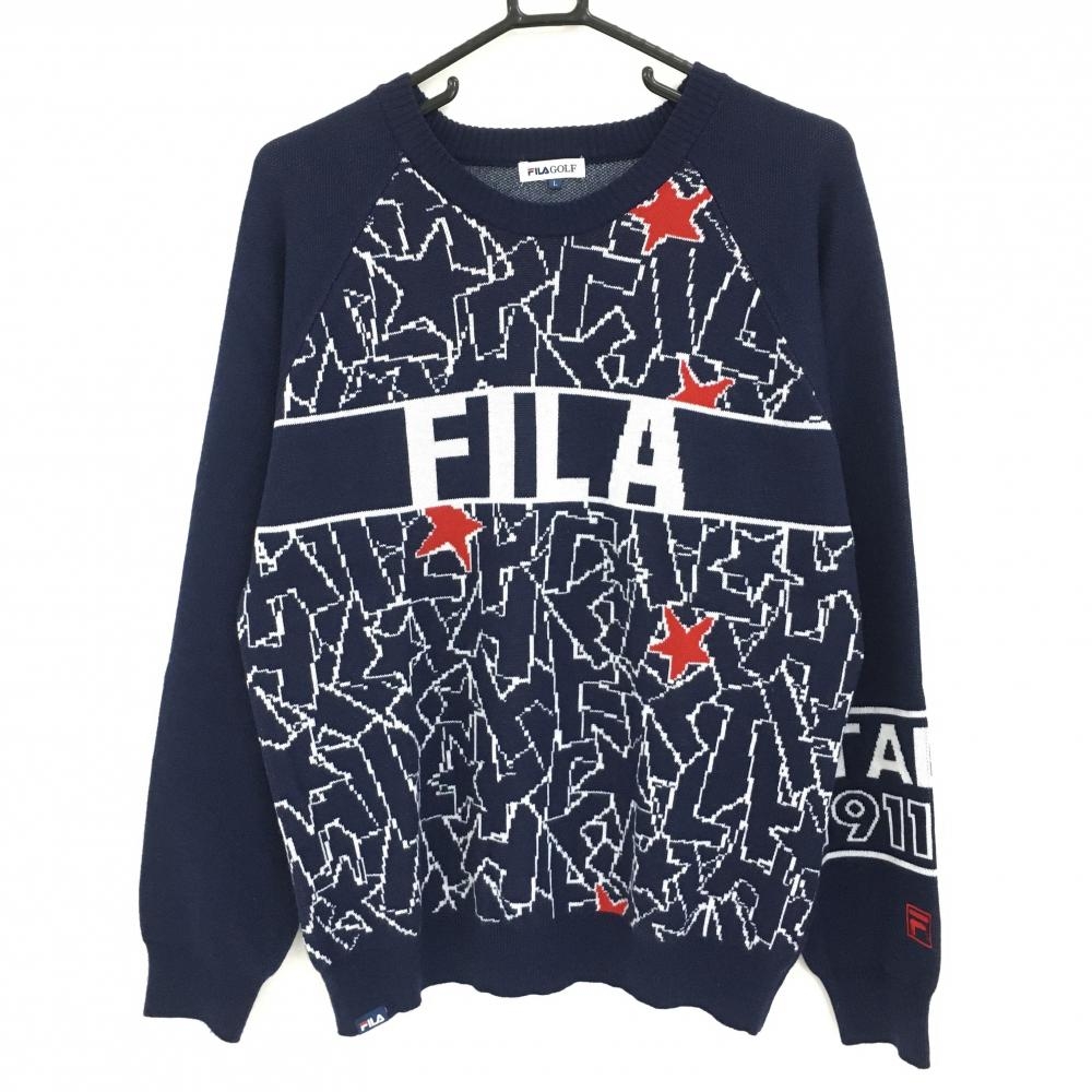 【美品】フィラゴルフ セーター ネイビー×白 前身頃星柄 ビッグロゴ ウール混 ニット メンズ L ゴルフウェア FILA GOLF