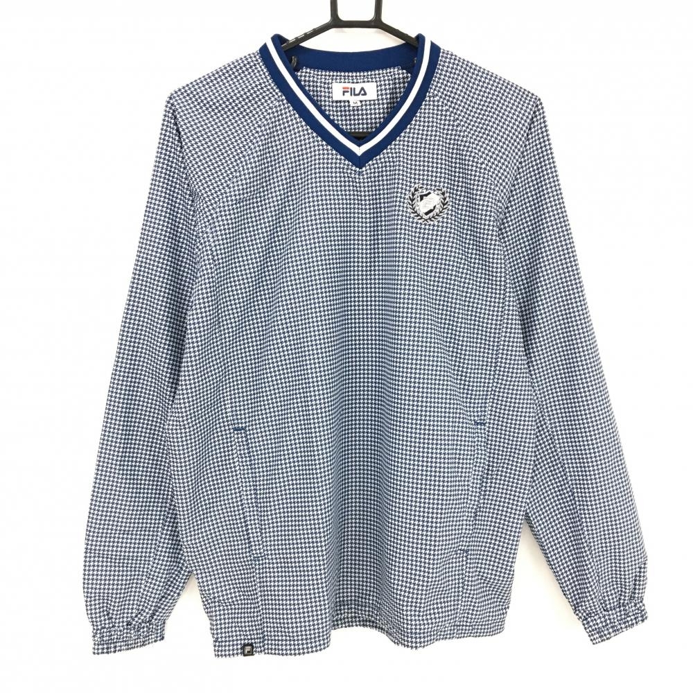 【超美品】フィラゴルフ スニード ブルー×白 千鳥格子総柄 Vネック 裏地メッシュ 裾ドローコード メンズ M ゴルフウェア FILA GOLF