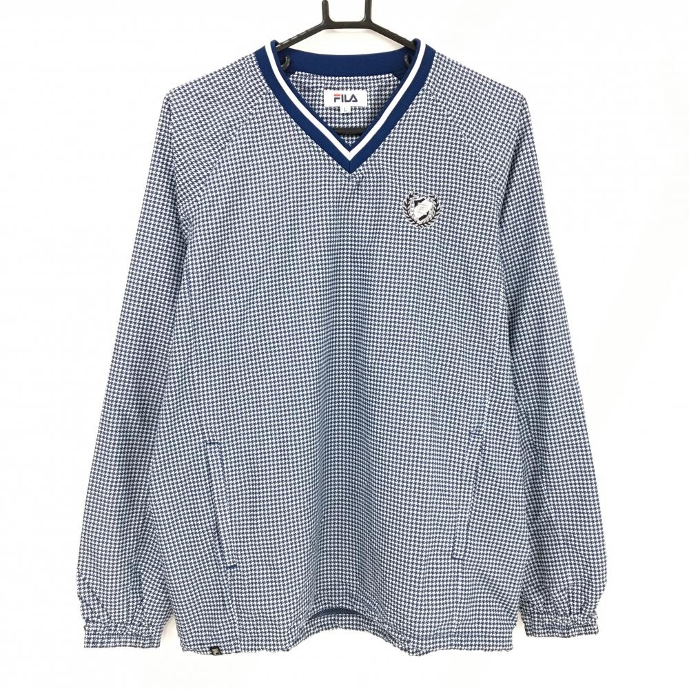 【超美品】フィラゴルフ スニード ブルー×白 千鳥格子総柄 Vネック 裏地メッシュ 裾ドローコード メンズ L ゴルフウェア FILA GOLF