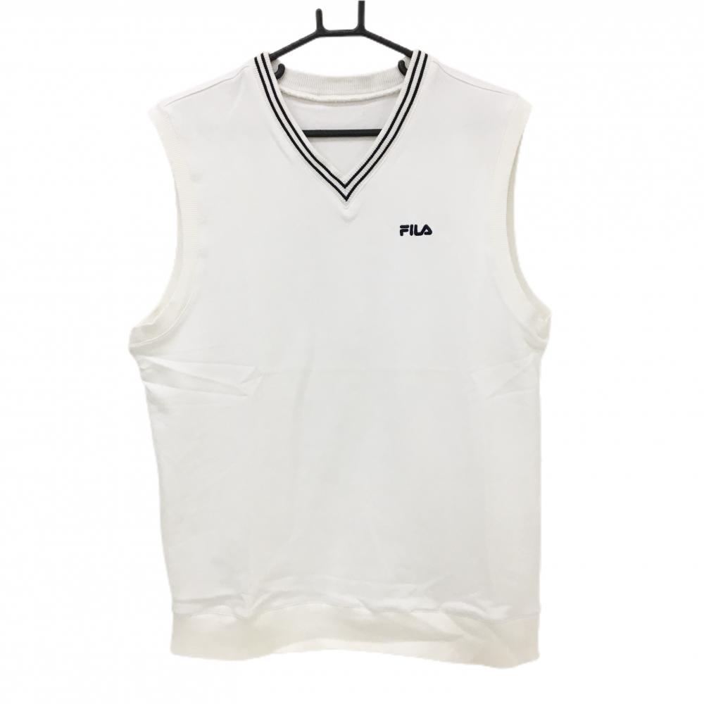 【美品】フィラ ベスト 白×ネイビー Vネック 胸ロゴ  メンズ  ゴルフウェア FILA GOLF