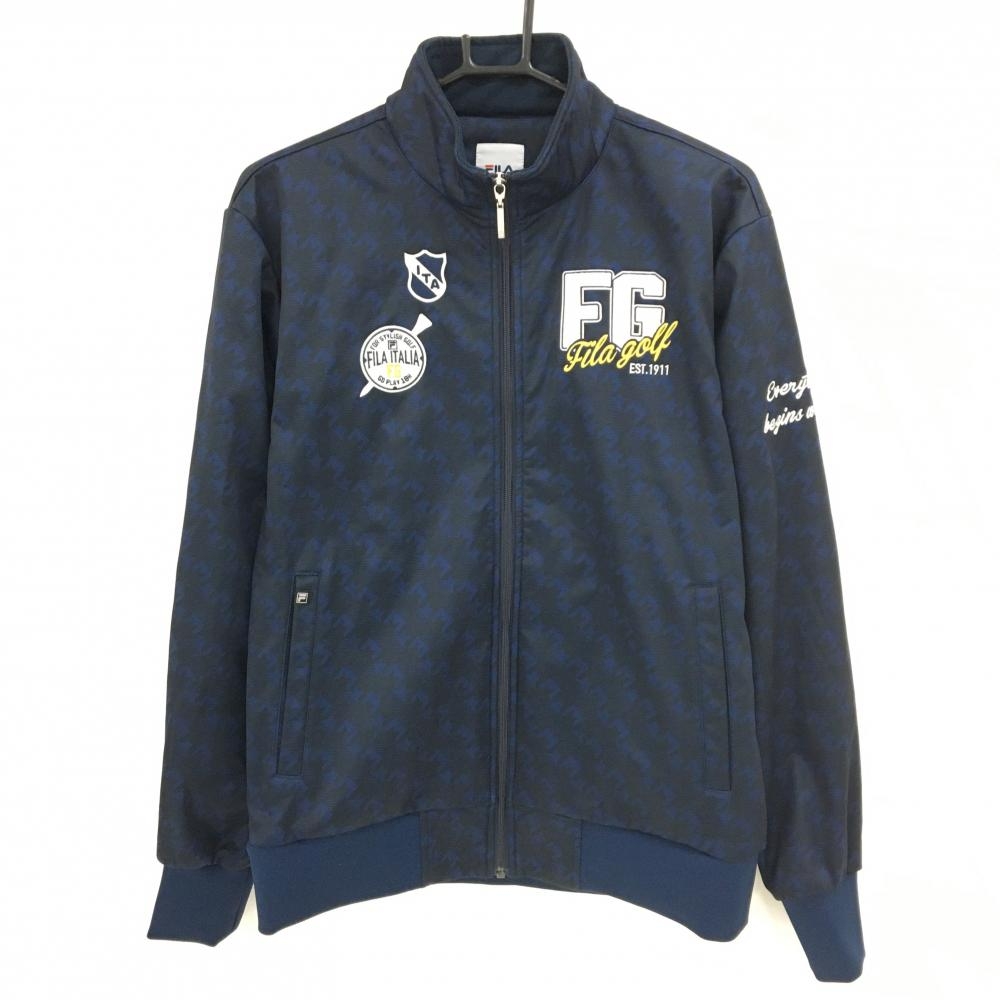【超美品】フィラゴルフ ジャケットブルゾン ネイビー 千鳥地模様 胸元刺しゅう 裏起毛  メンズ L ゴルフウェア FILA GOLF
