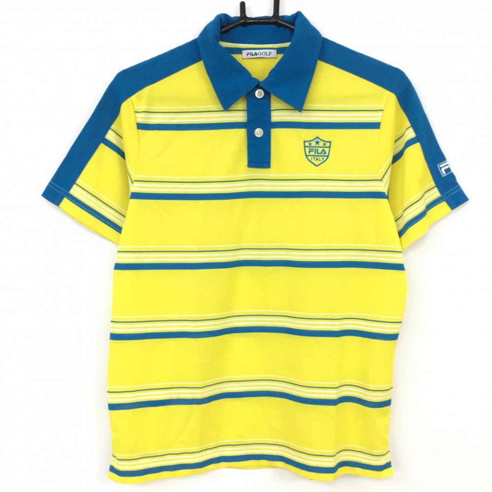 【美品】FILA GOLF フィラゴルフ 半袖ポロシャツ　イエロー×ライトブルー ロゴ刺しゅう メンズ  ゴルフウェア 画像